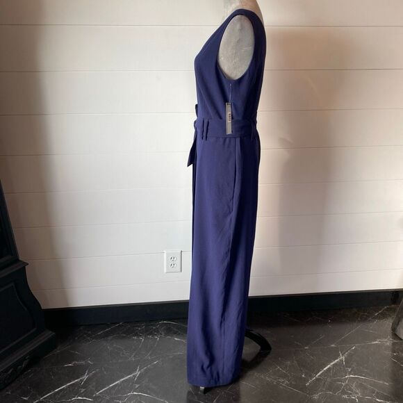 Tahari Womens Sleeveless Belted Split Leg Jumpsuit Solid Navy Size 10 - Picture 7 of 14